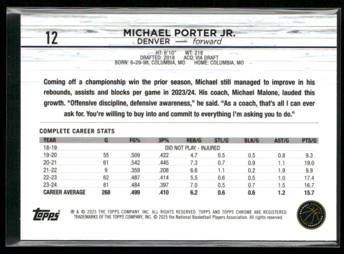 Michael Porter Jr. 2024-25 Topps Chrome #12 Denver Nuggets back