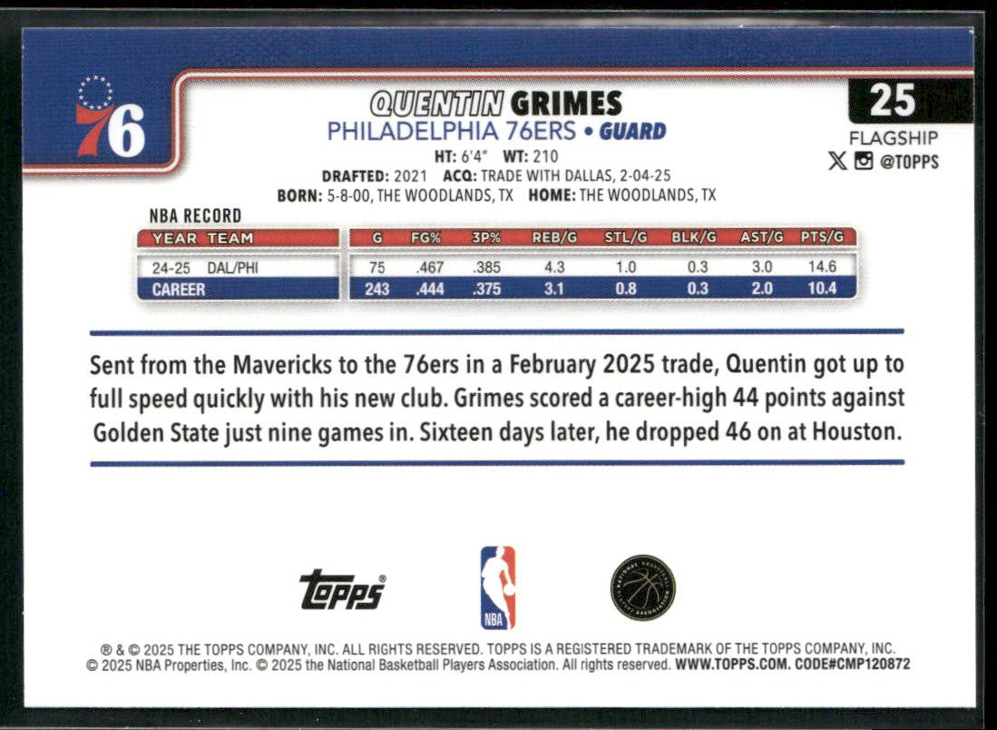 Quentin Grimes 2025-26 Topps #25 Philadelphia 76ers back
