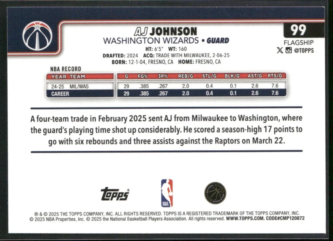 AJ Johnson 2025-26 Topps #99 Washington Wizards back
