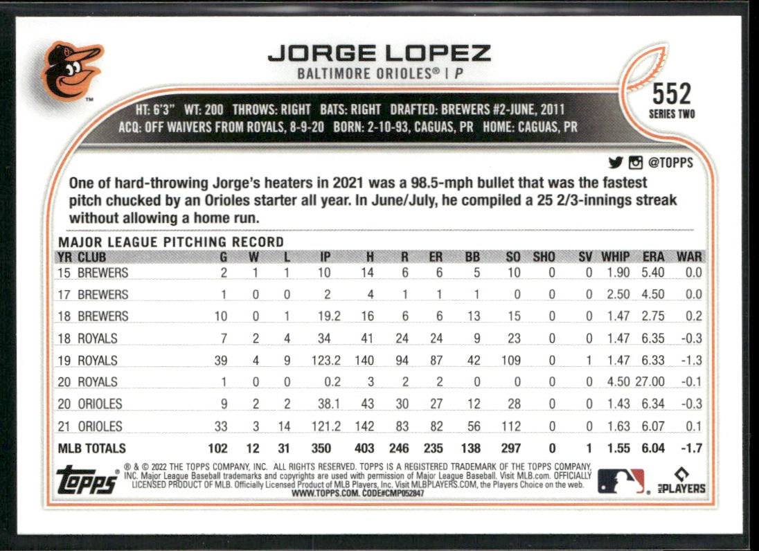 Jorge Lopez 2022 Topps #552 Baltimore Orioles back