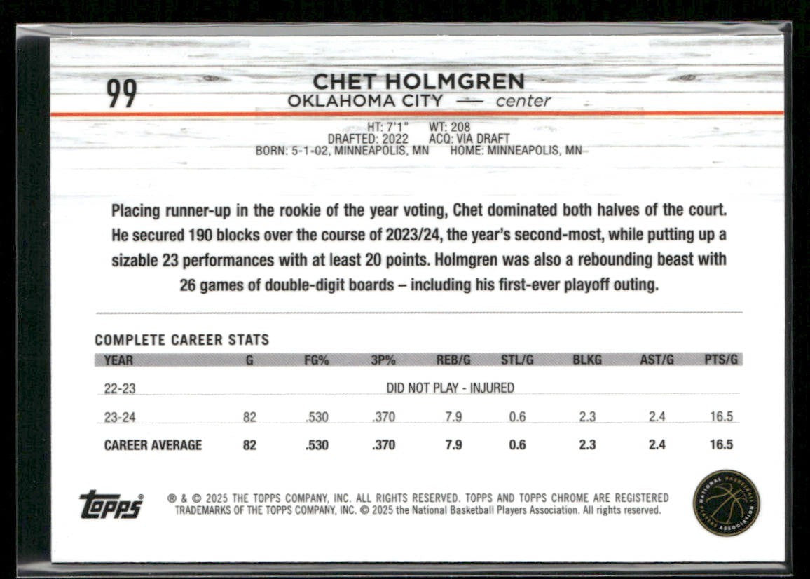 Chet Holmgren 2024-25 Topps Chrome #99 Oklahoma City Thunder back