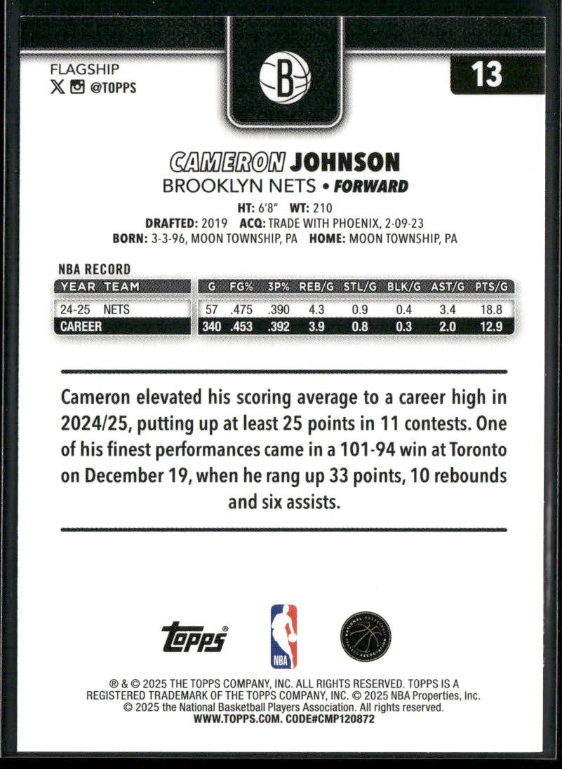 Cameron Johnson 2025-26 Topps #13 Brooklyn Nets back
