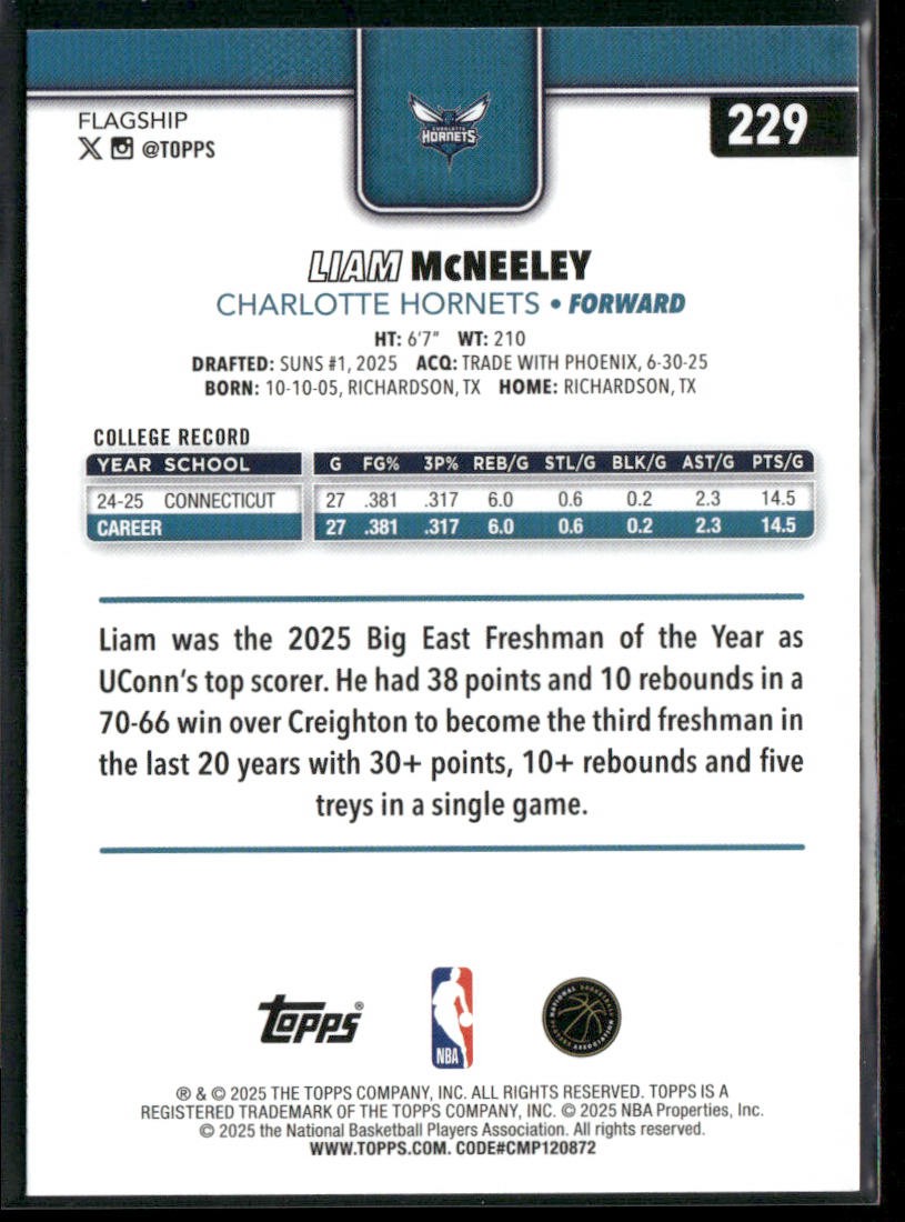 Liam McNeeley 2025-26 Topps #229 RC Charlotte Hornets back